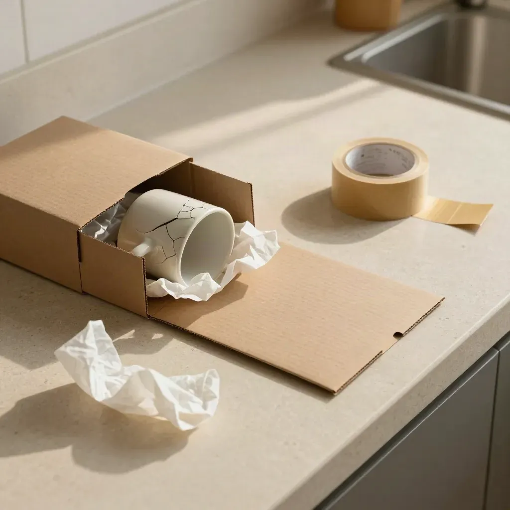 Fågelperspektiv över ett returpaket med sprucken mugg, tejprulle och kartong på stenbänk.