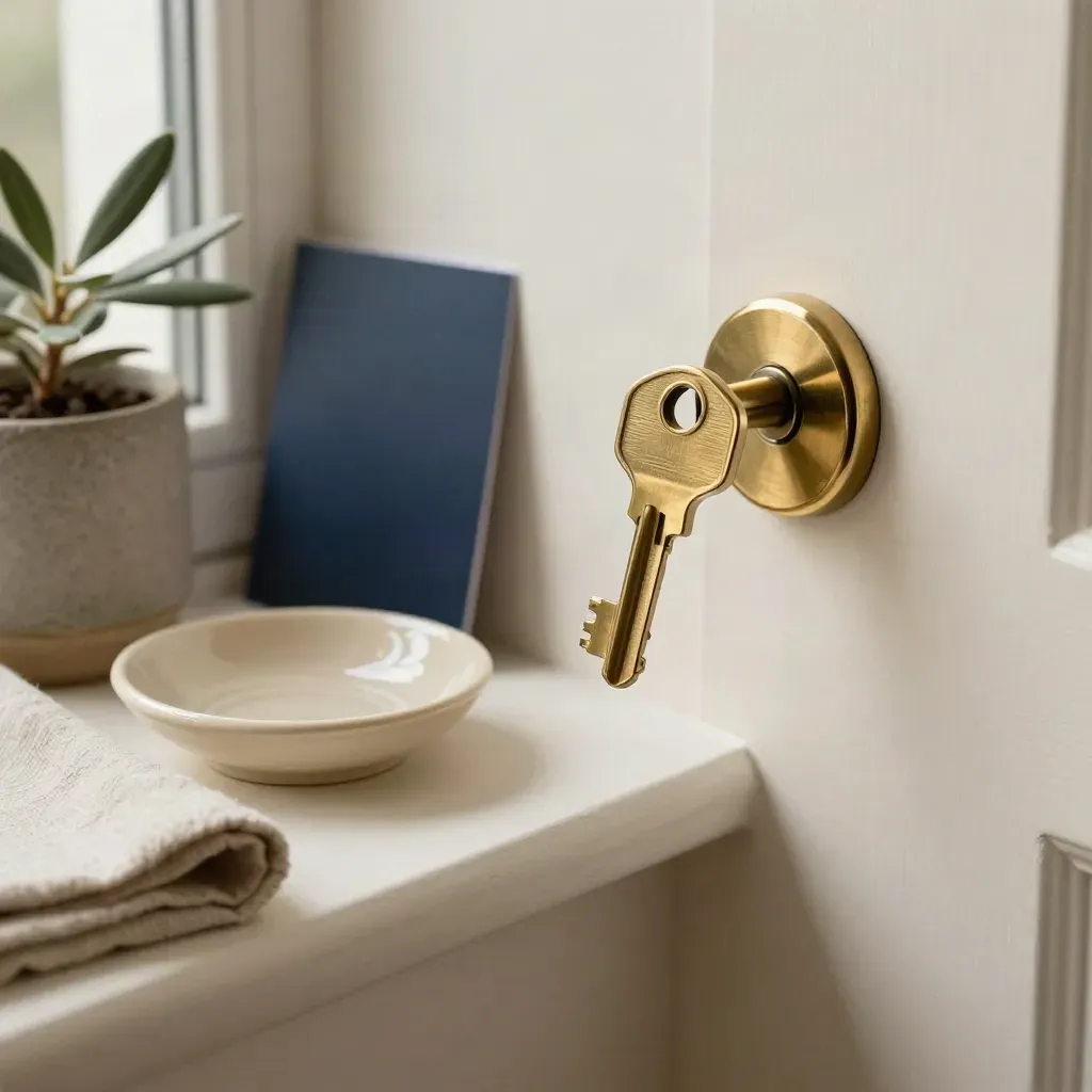 Brassnyckel i lås med keramikskål, linnetyg och liten olivplanta på ljus sten.