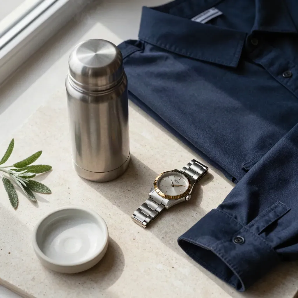 Navy work shirt, termos och klocka på stenplatta i mjukt morgonljus